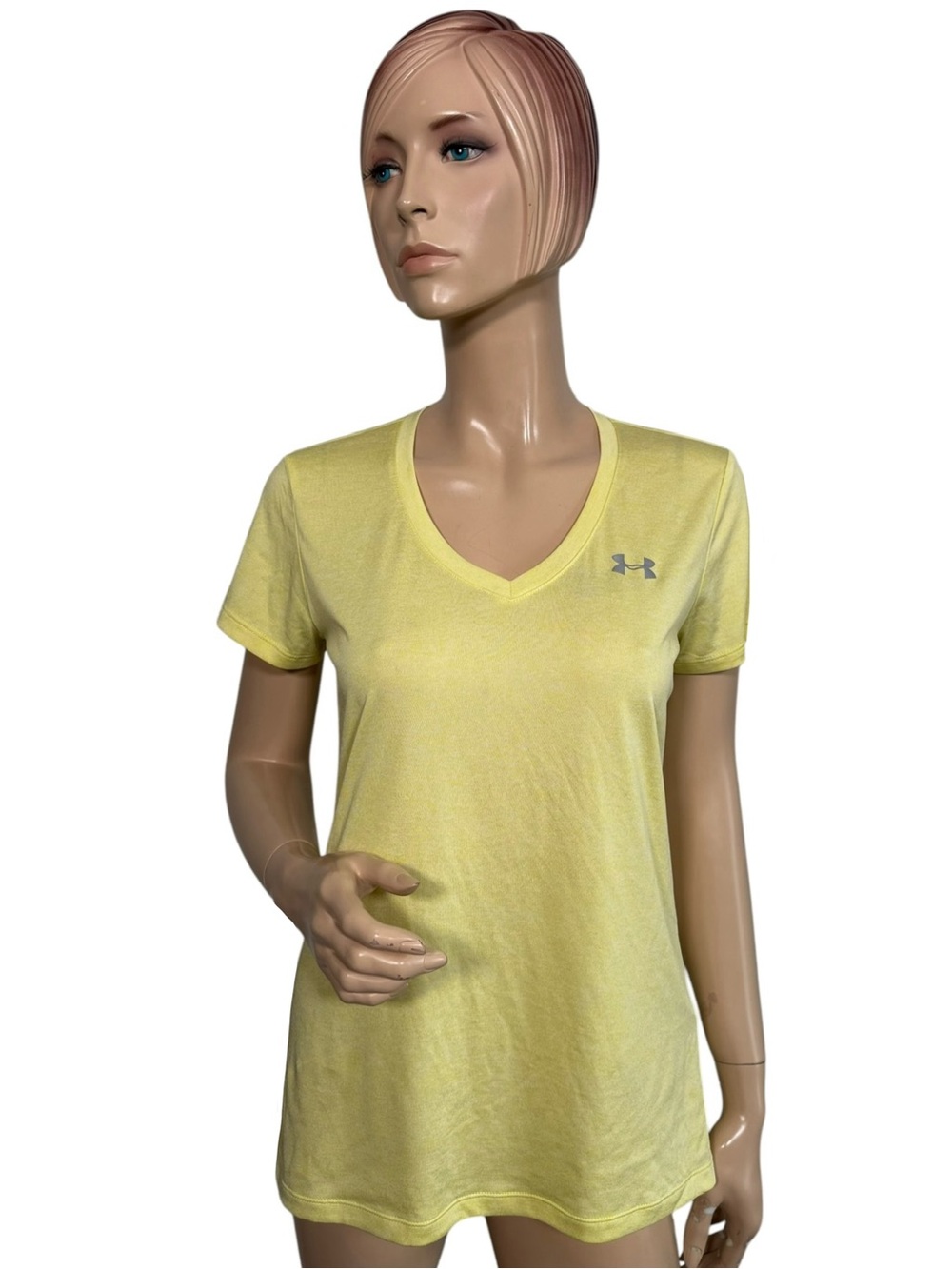 Under Armour HeatGear Tech Twist V-Neck Workout Shirt Yellow Women Small
